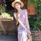 Purple V-neck small flying sleeve waist long dress summer French temperament lace skirt R4584