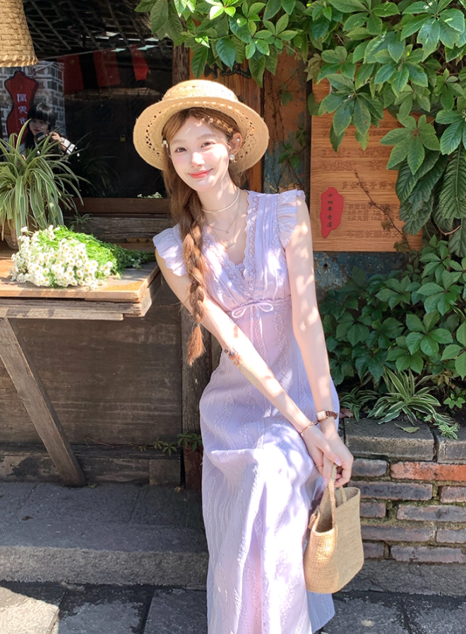 Purple V-neck small flying sleeve waist long dress summer French temperament lace skirt R4584