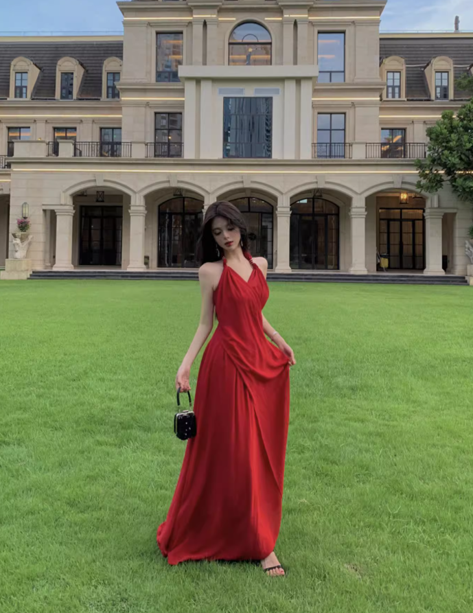 French seaside holiday long dress, temperament and slim red v-neck halter neck drape dress R1600