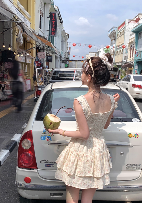 Women's romantic floral suspender dress sweet skirt R4948