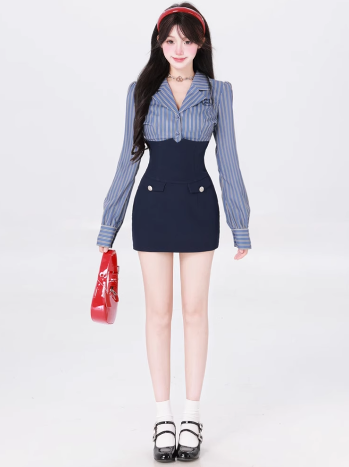 College style striped long-sleeved short shirt 2025 pure desire high waist hip skirt suit R1172