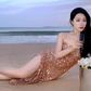 Sexy gold sequined suspender dress with slit hip-hugging holiday beach dress dress R1490