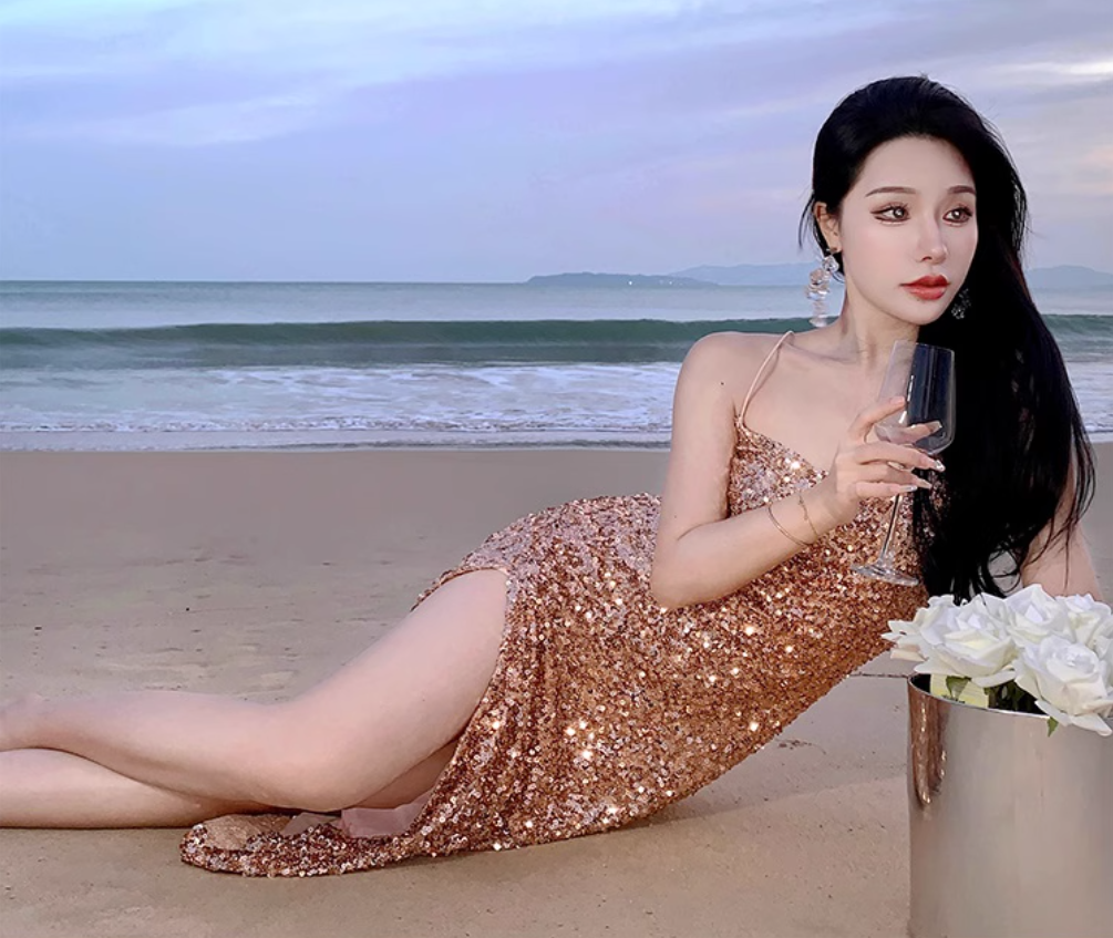 Sexy gold sequined suspender dress with slit hip-hugging holiday beach dress dress R1490