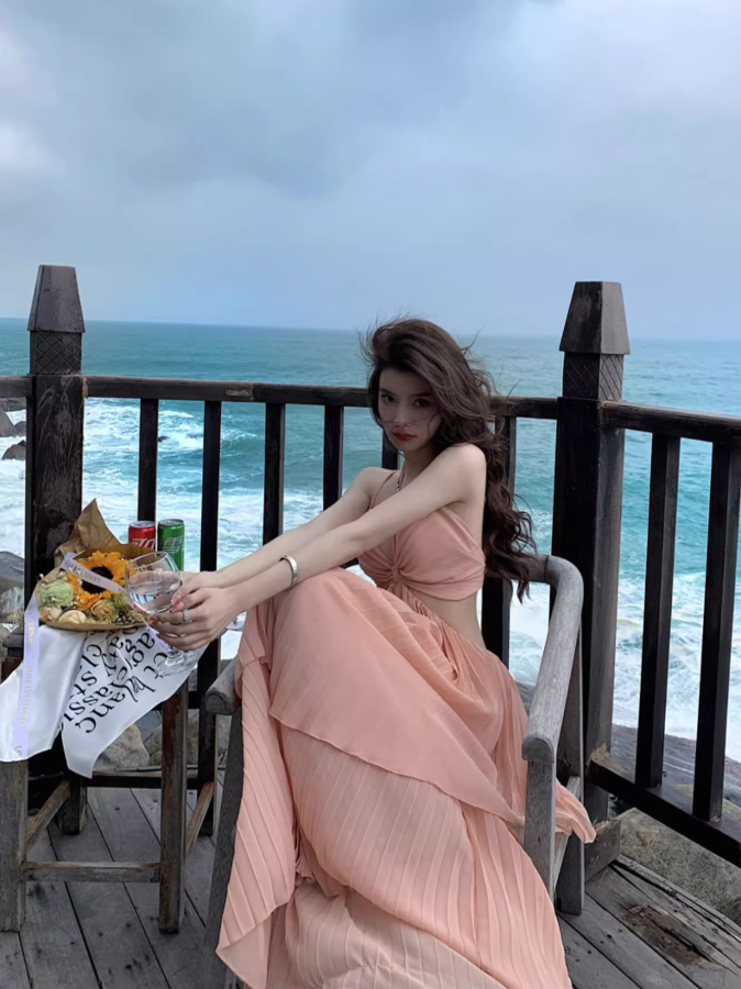 Travel photography clothes super fairy beach dress suspenders sexy backless dress R1575