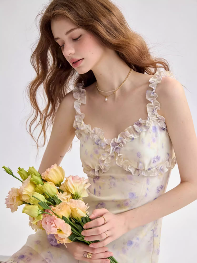 Private French floral suspender skirt wood ear edge dress holiday short skirt skirt R2712