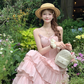 Pink long waist A-line suspender dress for women summer French temperament skirt R4862
