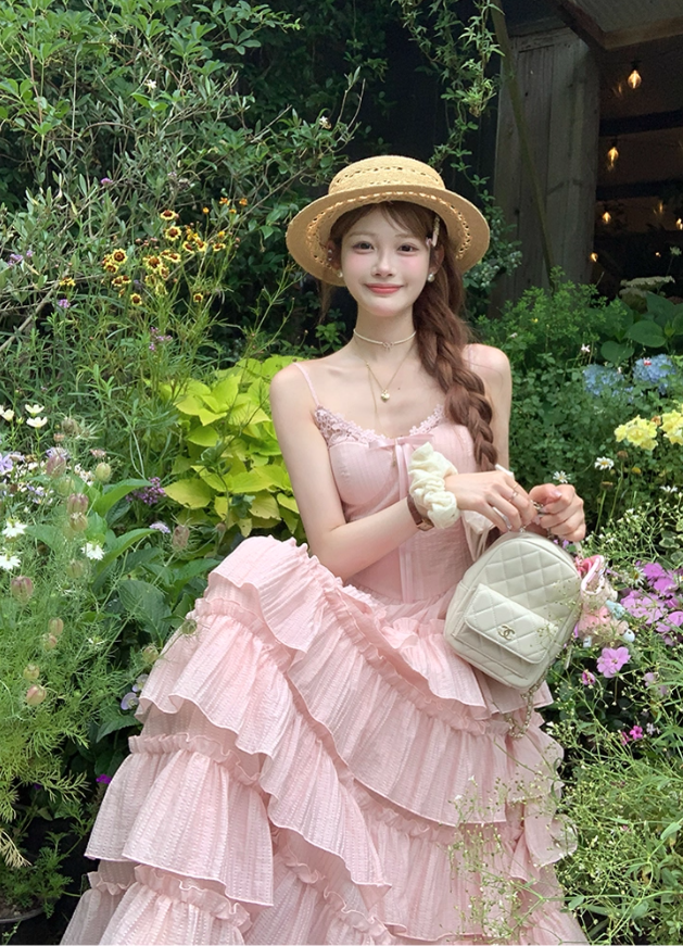 Pink long waist A-line suspender dress for women summer French temperament skirt R4862
