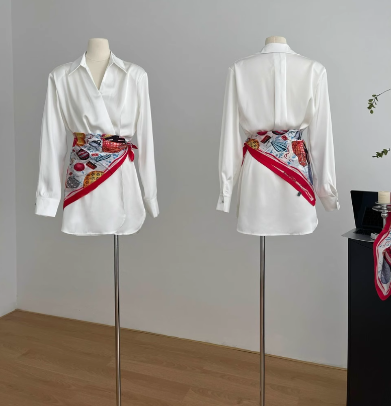 Rose feel textured acetate shirt dress short skirt niche v-neck white dress R2095