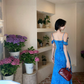 French blue floral suspender dress for women summer vacation fairy off-shoulder long dress R4375