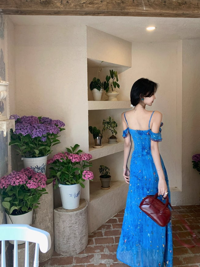 French blue floral suspender dress for women summer vacation fairy off-shoulder long dress R4375