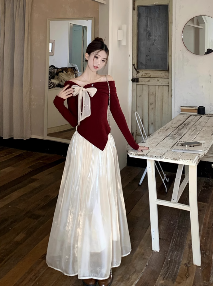 Fairy temperament high-end suit one-shoulder bow sweater with skirt two-piece suit R1725
