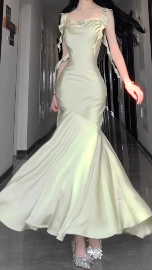 French ruffled sling satin dress large size high-end dress temperament slim fishtail skirt R1840