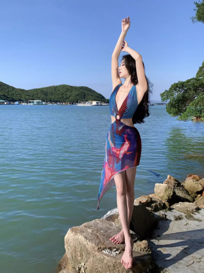 Ultra-low deep V elastic waist-revealing mesh dress hip skirt sexy seaside holiday outfit R1632