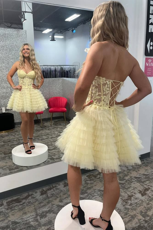 Puffy Lace Women's Homecoming Dress Pastel Yellow Corset Short Prom Gown Birthday Dress RS3174