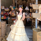 Yellow long small flying sleeve waist suspender dress summer French A-line sweet style skirt R4697