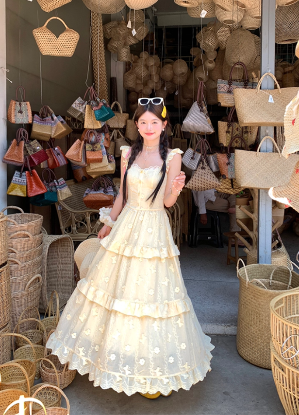 Yellow long small flying sleeve waist suspender dress summer French A-line sweet style skirt R4697