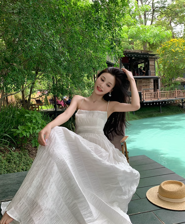 Beach dress suspenders backless dress temperament long skirt holiday style R1565