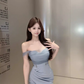 Pure desire hot girl mesh splicing tube top dress 2025 irregular hip skirt R1317
