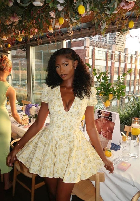 Yellow small floral deep V sexy puff sleeve A-line tutu skirt homecoming dress R2456