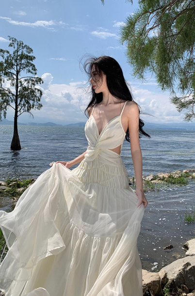 French style beautiful white chiffon suspender dress sexy backless seaside holiday dress R0231