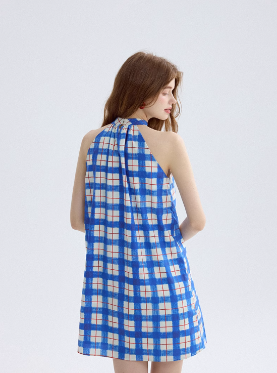Plaid dress halter neck suspender skirt short skirt vacation wear skirt women summer R3455