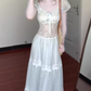 Gentle blue lace puff sleeve dress holiday temperament waist A-line long skirt R0862