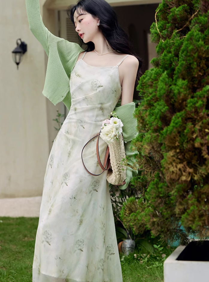 French style cool print suspender skirt gentle style waist slim green floral dress R2396