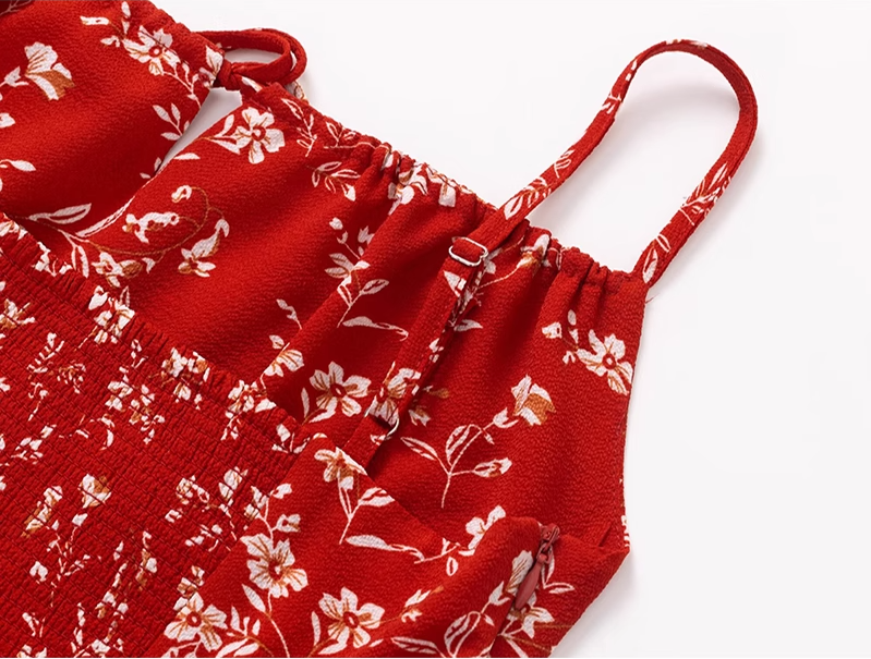 2025 Summer New Red Floral Waisted Seaside Vacation Short Suspender Dress R0950