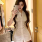 Pure desire hot girl pleated slim lapel shirt 2025 royal sister waist mid-sleeve top R1138