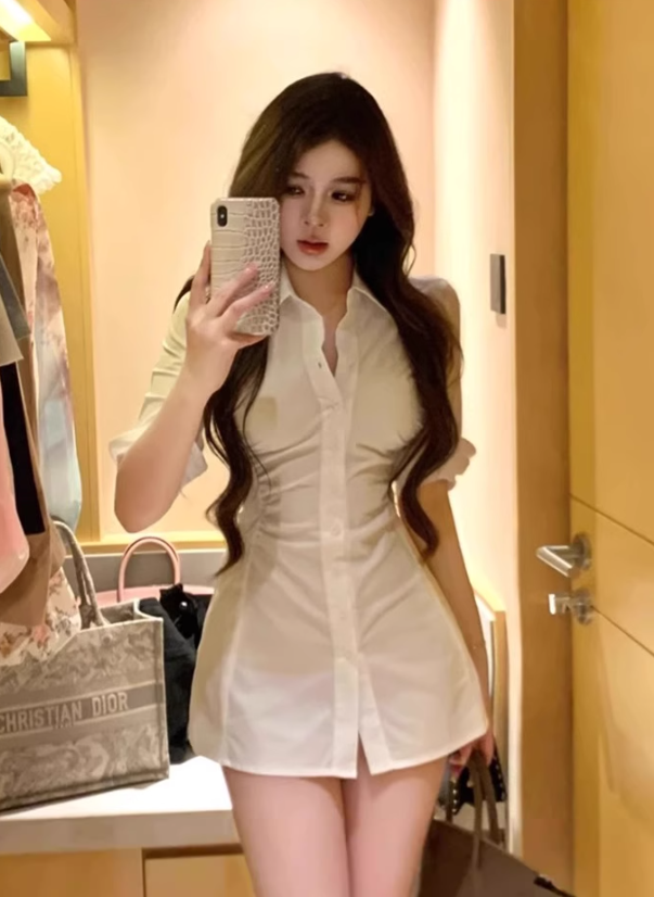 Pure desire hot girl pleated slim lapel shirt 2025 royal sister waist mid-sleeve top R1138