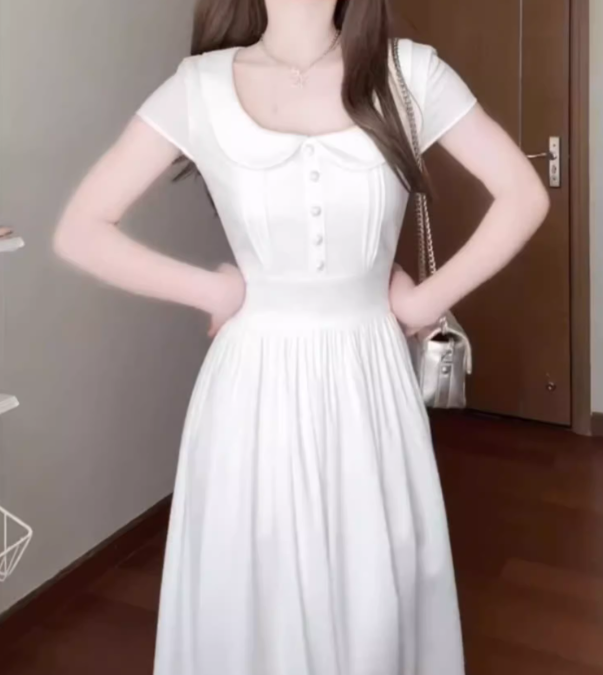 Elegant and decent skirt, gentle style, beautiful waist A-line white dress R0717