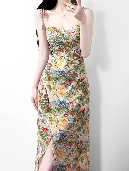 2025 summer new high waist oil painting slim waist floral holiday suspender dress R0931