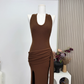2025 Summer versatile design halter neck backless sexy pleated side slit knitted dress R0279