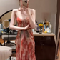 Holiday style dress niche style skirt v-neck floral suspender skirt summer R0699