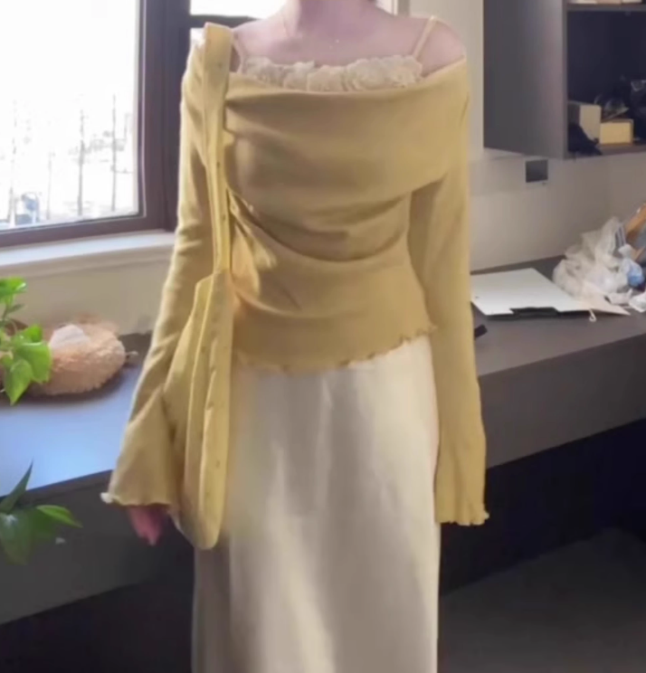 A complete set of outfits yellow one-shoulder top hip skirt 2025 two-piece suit R0768