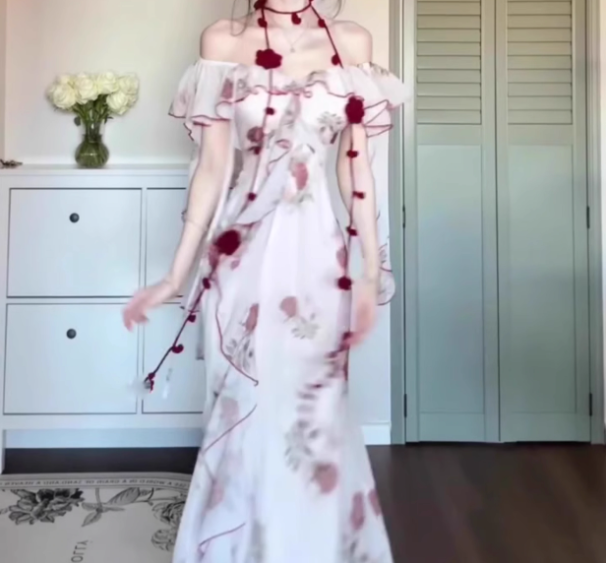 Retro floral one-shoulder dress with gentle temperament and slim waist and hip skirt R0645