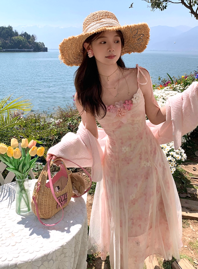 Pink long atmospheric mesh halter dress for women, a summer French retro slimming dress R4788