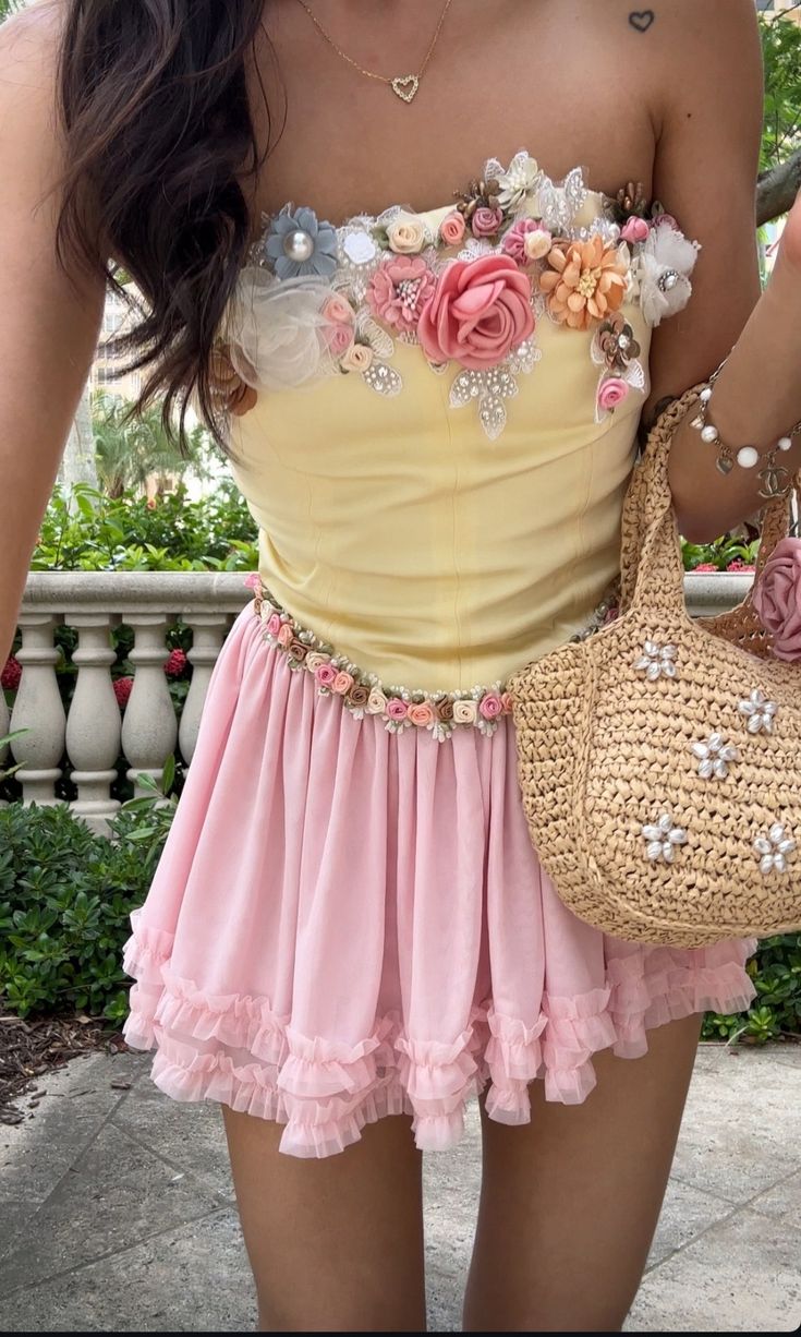 Apricot tube top 3D flower pink short skirt homecoming dress R2794