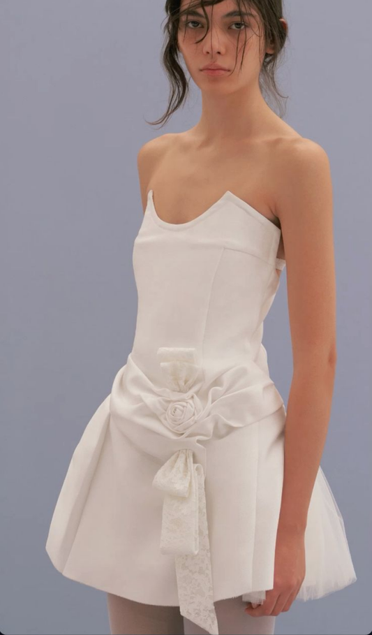 White tube top waist A-line short skirt homecoming dress R3499