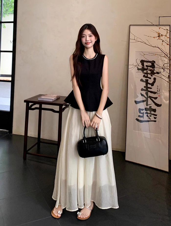 Fairy retro new Chinese suit sleeveless black vest blouse top high waist skirt two-piece suit R1713