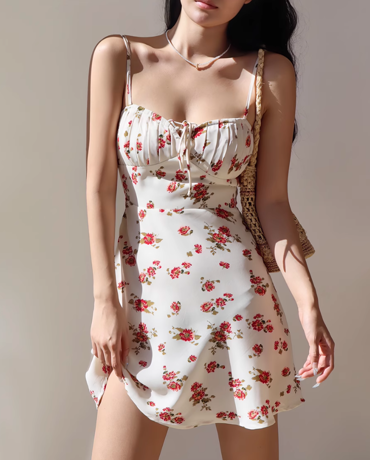 French retro floral sexy waist suspender dress A-line short skirt R2826