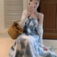 Fairy retro style ruffled one-shoulder sling dress new Chinese style ink-dyed dress R1706