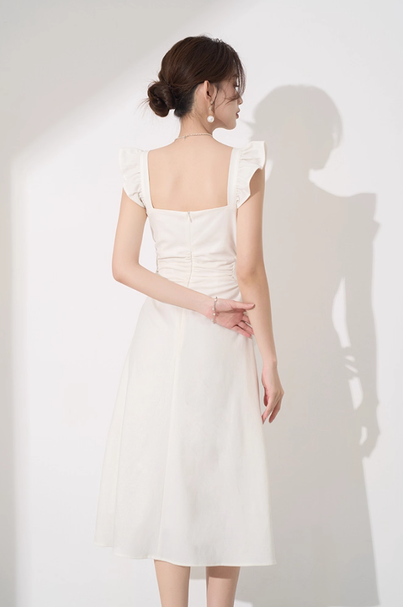 French style white flying sleeve dress beautiful temperament slim high-end little white dress R4260