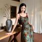 French style retro green printed dress with slim waist and suspenders long dress with lace cardigan R1695