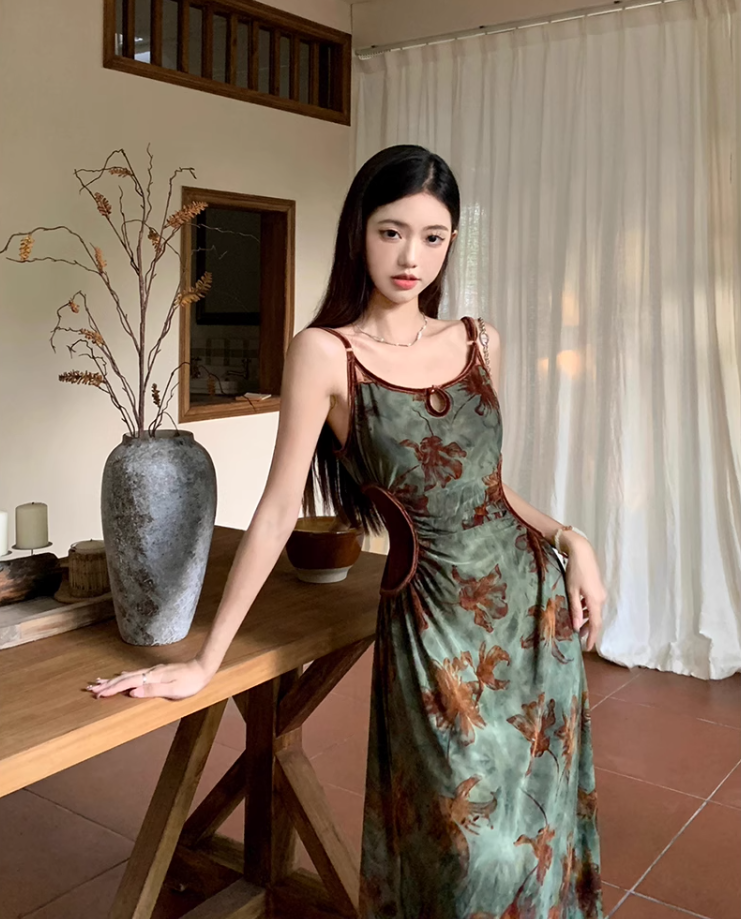 French style retro green printed dress with slim waist and suspenders long dress with lace cardigan R1695