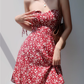 Retro girl red floral suspender skirt slim fit waist strappy short skirt holiday dress R2804