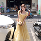 Yellow square neck puff sleeve cake dress summer Korean style age-reducing sweet petite skirt R4665