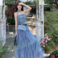 Beautiful outfit set: blue polka dot irregular tube top, mesh ruffle skirt, two-piece set R1720