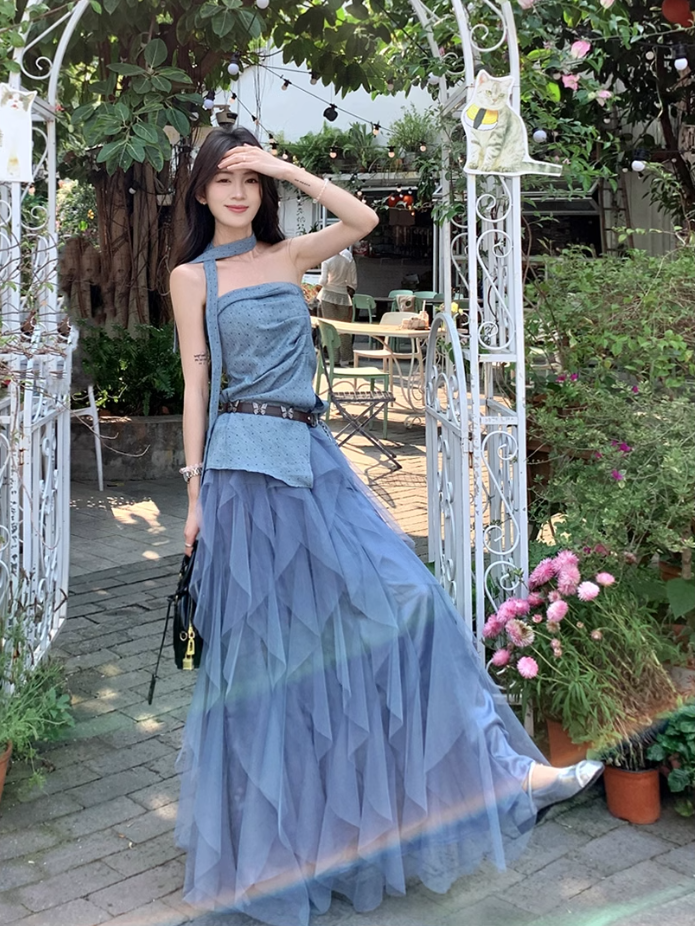 Beautiful outfit set: blue polka dot irregular tube top, mesh ruffle skirt, two-piece set R1720