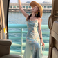 Long gradient print waist suspender dress summer French slim skirt R4946